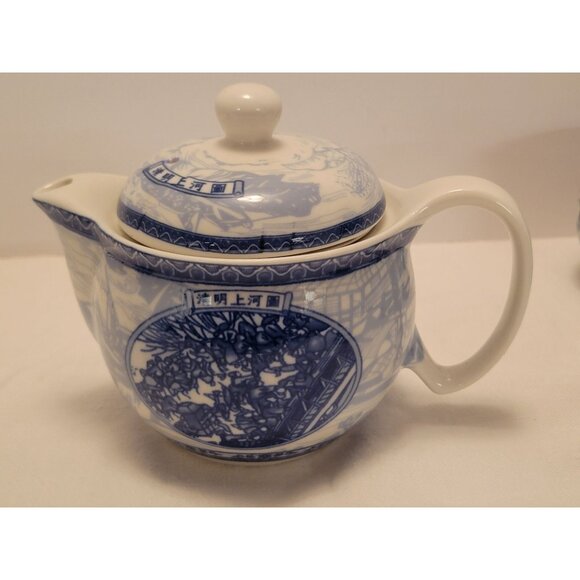 Elegant Blue & White Porcelain Tea Set 1 Teapot & 6 Cups Chinese Design Gift Box - Picture 9 of 13